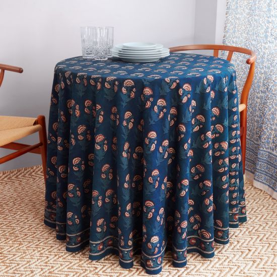 Carnation Round Tablecloth - Indigo/Brick Red